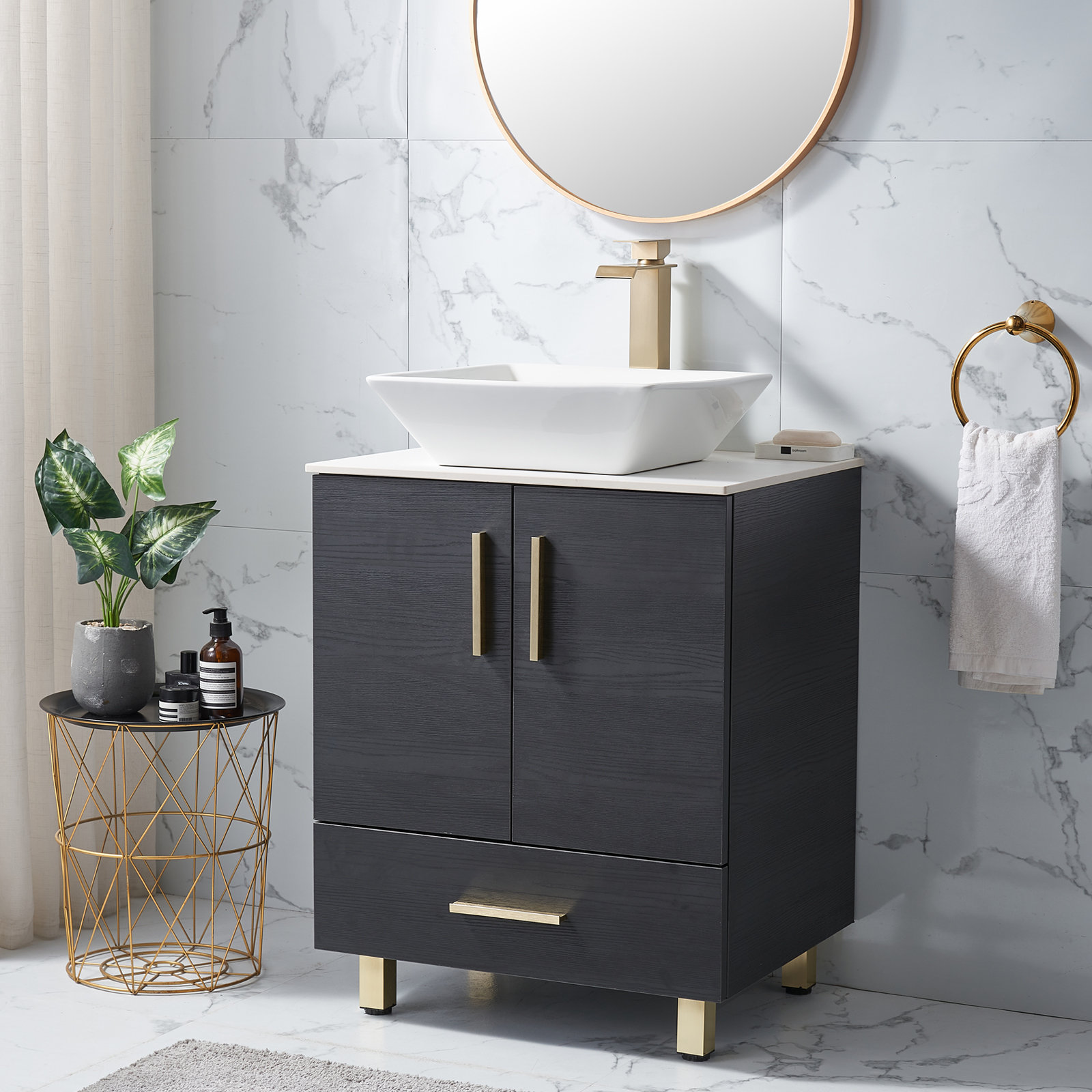 Mercer41 Nicson 24" Black Modern Vessel Single Bathroom Vanity with ...